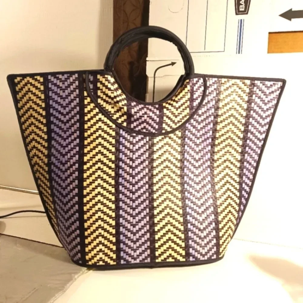 African Chevron Pattern Large Straw Bag